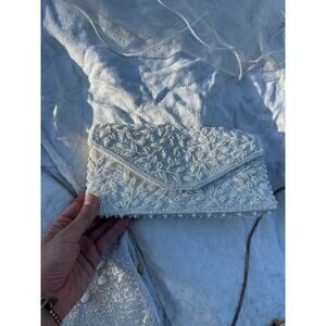 La Regale Women's Clutch White Beaded Sequin Clutch Bag Vintage Handmade